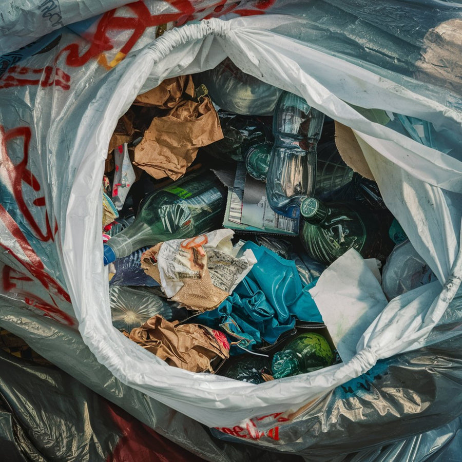 Garbage bag filled with various waste including bottles and paper