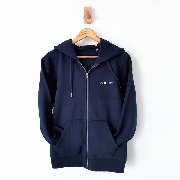 Navy Roody branded hoodie on hanger