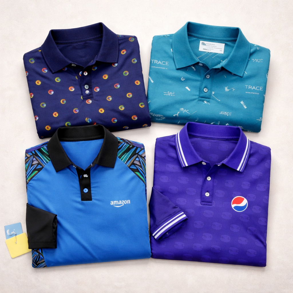 Four folded polo shirts with different designs and logos on a light background
