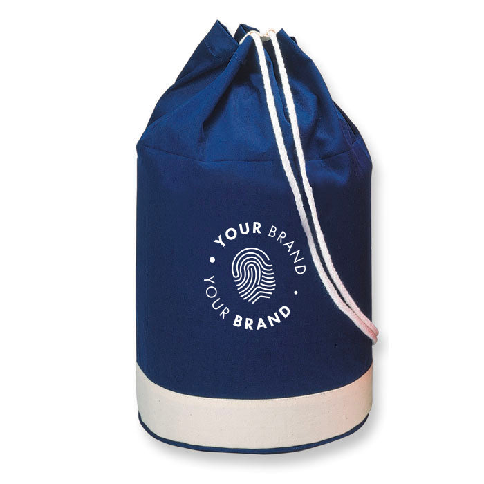 Navy branded drawstring duffle bag