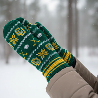 Custom branded knit mittens with patterned logo design in snow – Roody custom knitwear Ireland