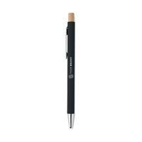 Custom branded dark navy ballpoint pen with bamboo top cap and company logo on barrel

