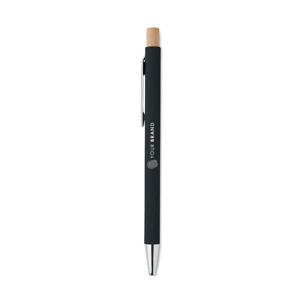 Custom branded dark navy ballpoint pen with bamboo top cap and company logo on barrel
