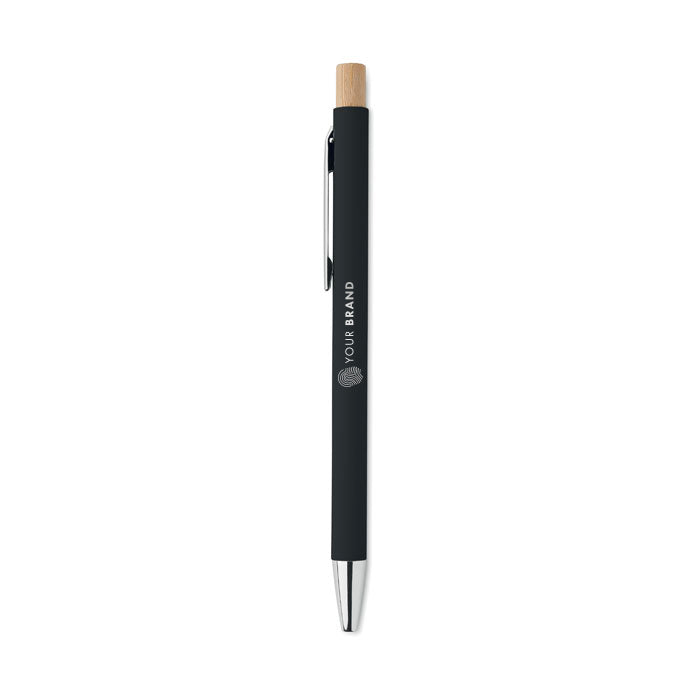Custom branded dark navy ballpoint pen with bamboo top cap and company logo on barrel
