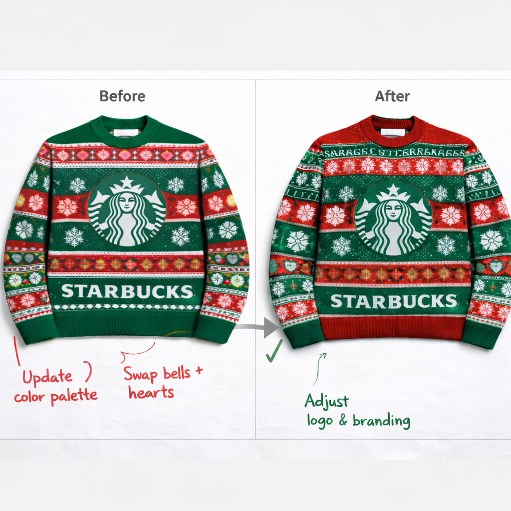 Before and after comparison of a Starbucks sweater with design changes highlighted.
