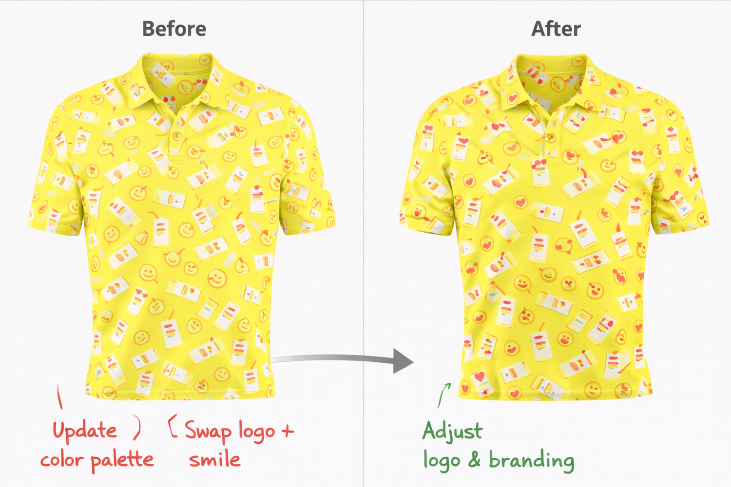 Before and after comparison of a yellow shirt with a pattern, showing text options for design changes.