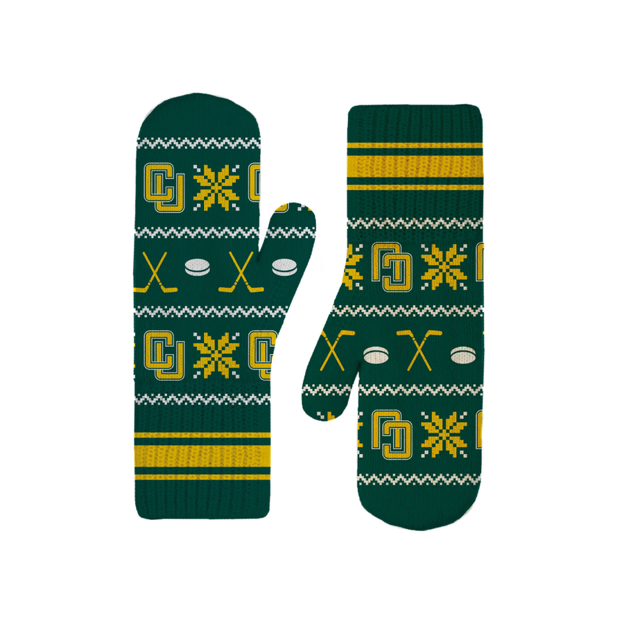 Pair of green mittens with yellow and white patterns on a white background