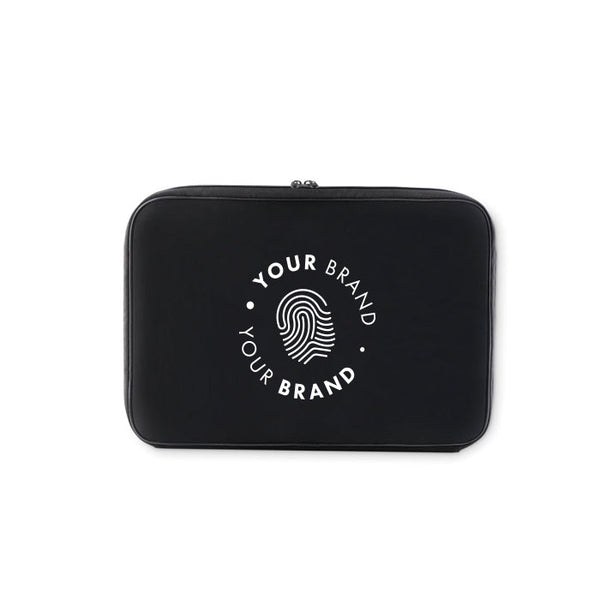 Custom branded black tech organiser case with company logo on front
