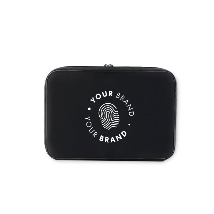 Custom branded black tech organiser case with company logo on front
