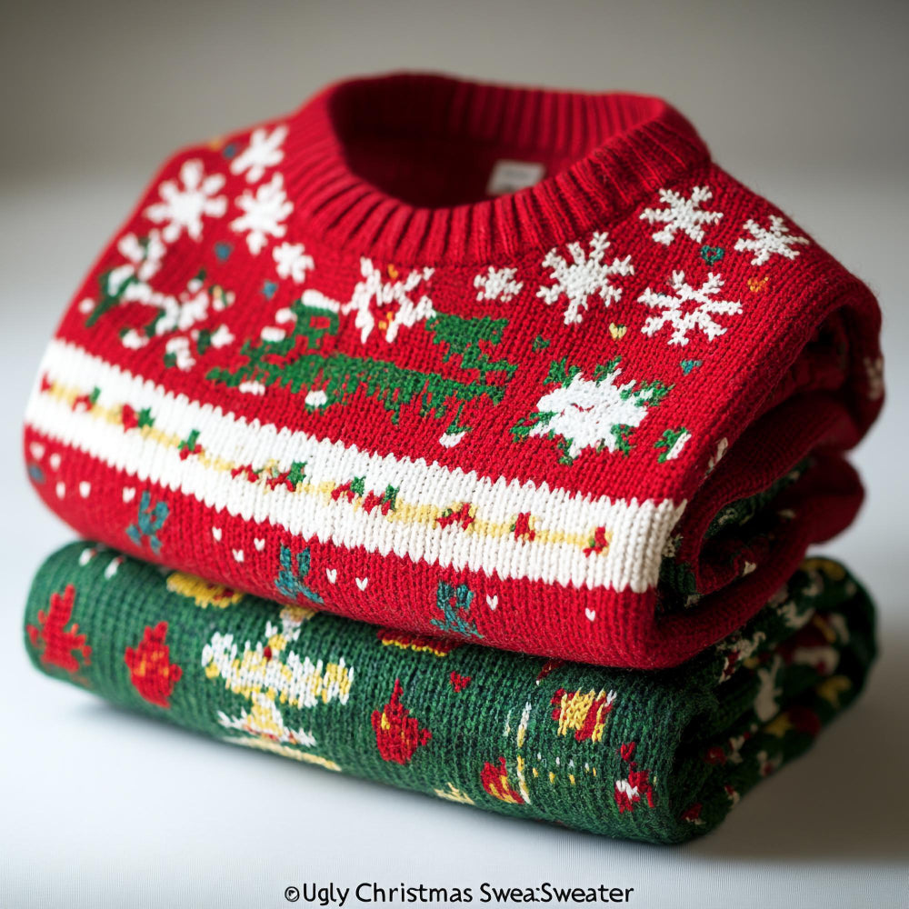 Two Christmas-themed sweaters, one red with white snowflakes and green trees, the other green with red and yellow patterns, stacked on a light background.