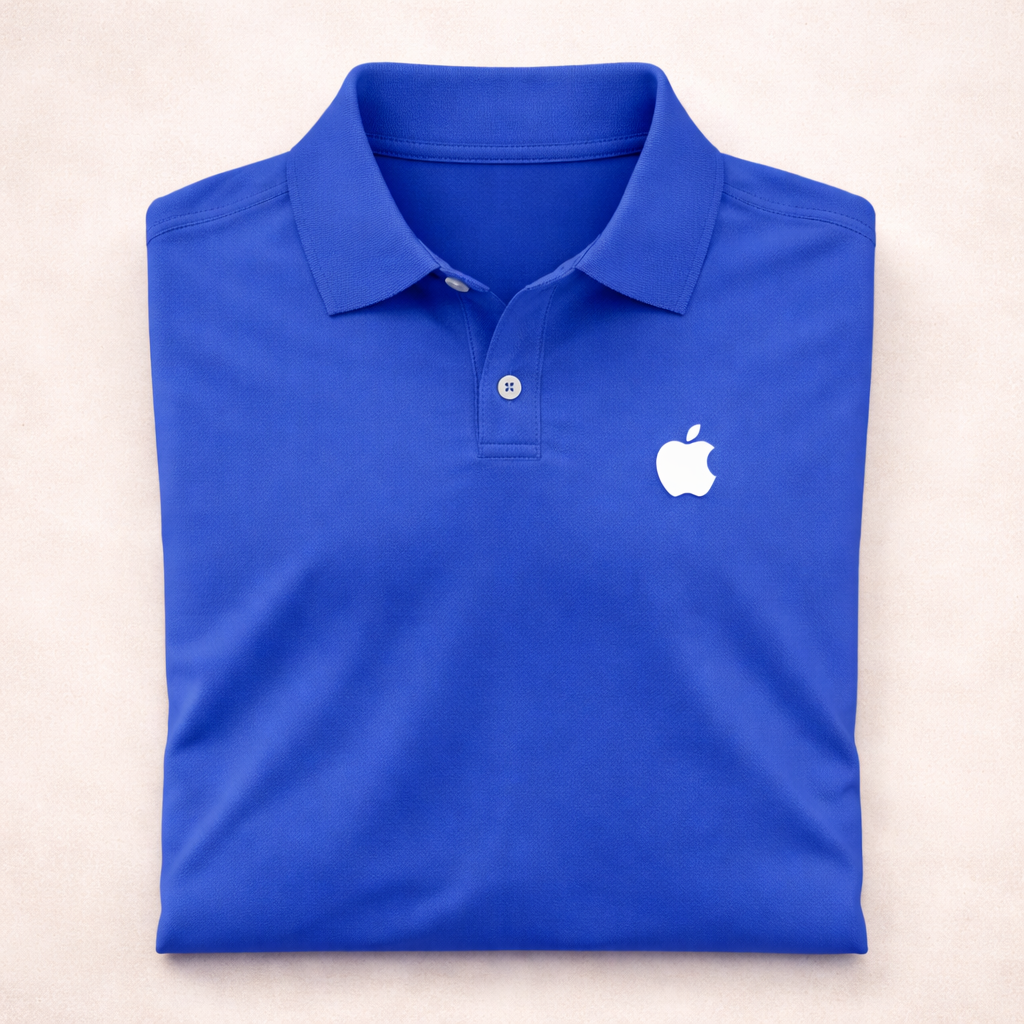 Folded blue polo shirt with a white logo on a light beige background