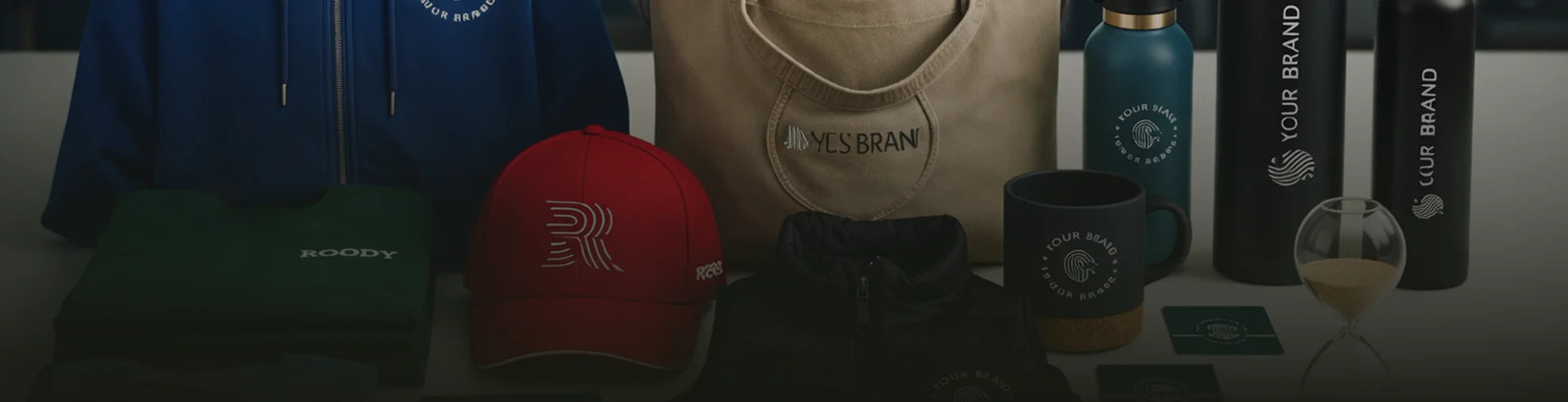 Collection of branded merchandise including hats, a jacket, and bottles on a table.