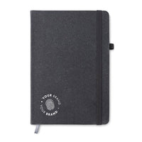 Custom branded dark grey hardcover notebook with elastic closure and company logo on cover
