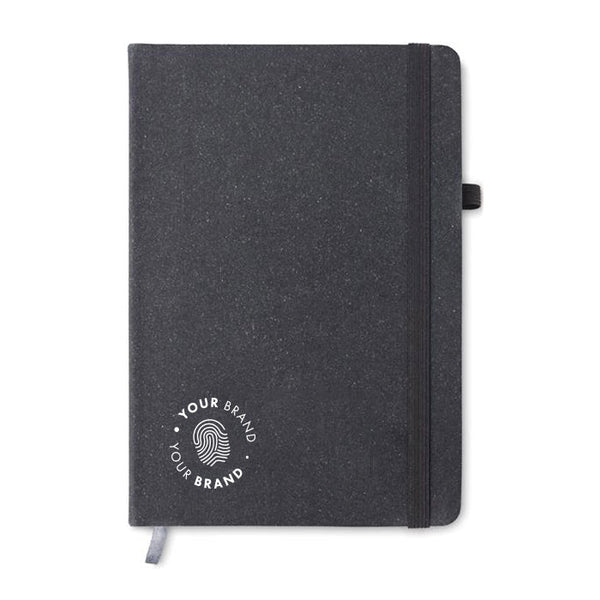Custom branded dark grey hardcover notebook with elastic closure and company logo on cover
