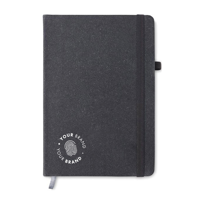 Custom branded dark grey hardcover notebook with elastic closure and company logo on cover
