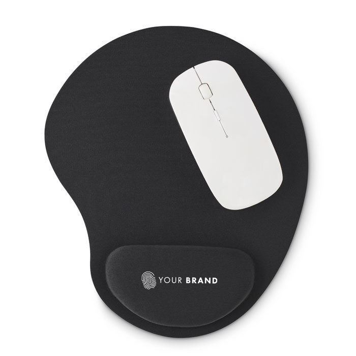 Custom branded black ergonomic mouse pad with wrist rest and company logo
