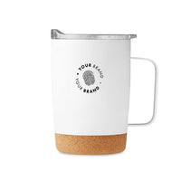 Custom branded white insulated mug with cork base and company logo – Roody sustainable drinkware Ireland