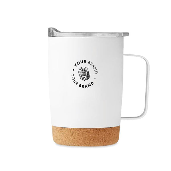 Custom branded white insulated mug with cork base and company logo – Roody sustainable drinkware Ireland