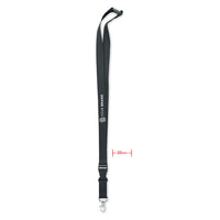 Custom branded charcoal lanyard with company logo and metal clip attachment
