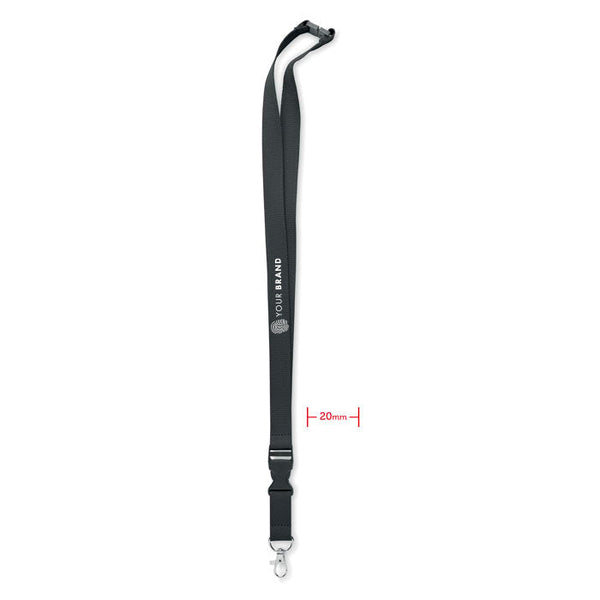 Custom branded charcoal lanyard with company logo and metal clip attachment
