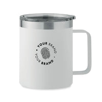 White branded insulated travel mug with lid