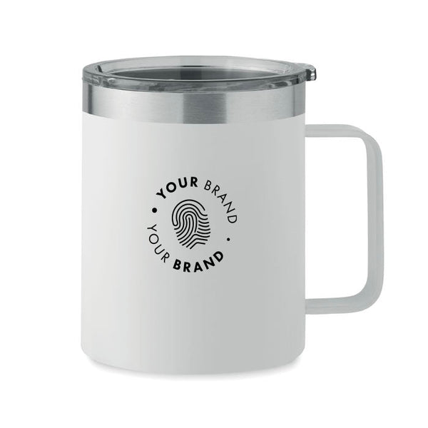 White branded insulated travel mug with lid