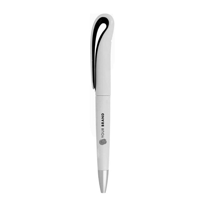 Custom branded white ballpoint pen with black accents and company logo on barrel
