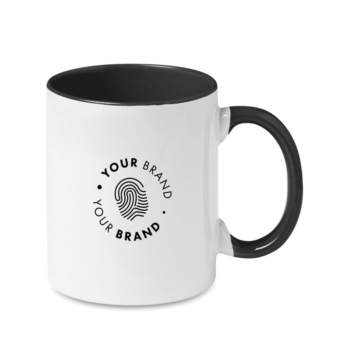 White branded mug with black handle