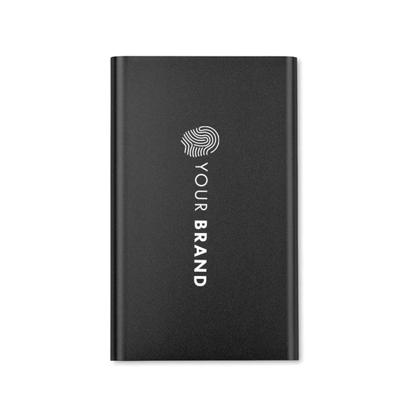 Custom branded black slim portable power bank with company logo printed on front
