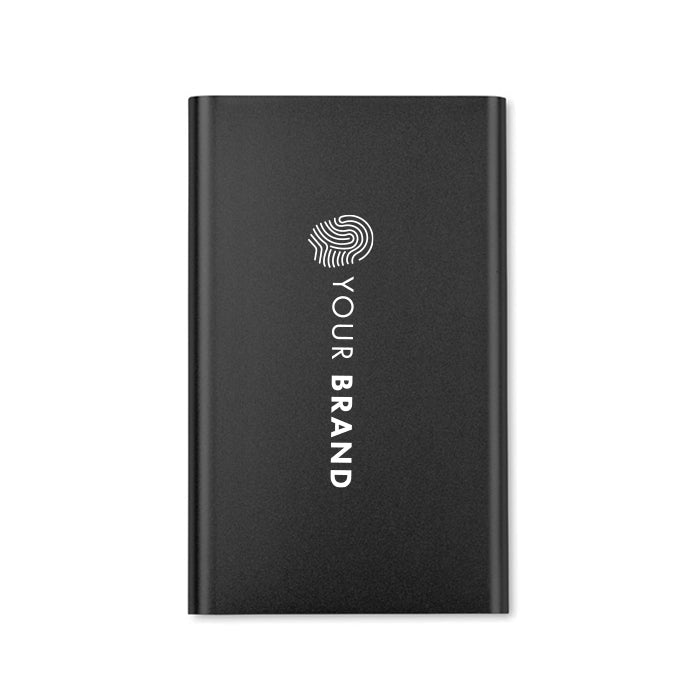 Custom branded black slim portable power bank with company logo printed on front
