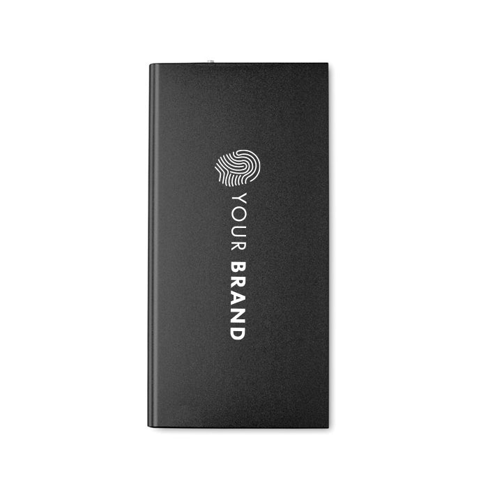 Custom branded black slim portable power bank with company logo on front
