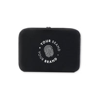 Custom branded black laptop sleeve with large company logo on front
