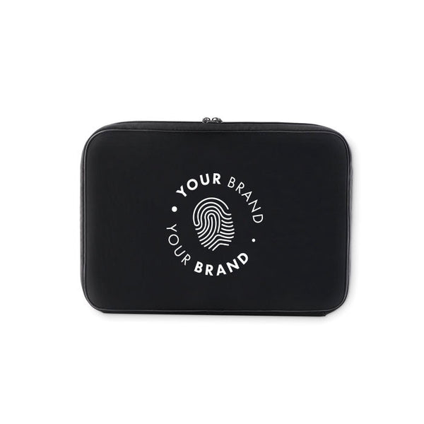 Custom branded black laptop sleeve with large company logo on front
