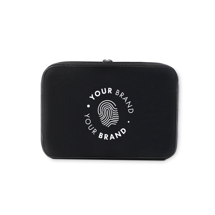 Custom branded black laptop sleeve with large company logo on front
