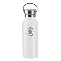 White branded water bottle with bamboo lid