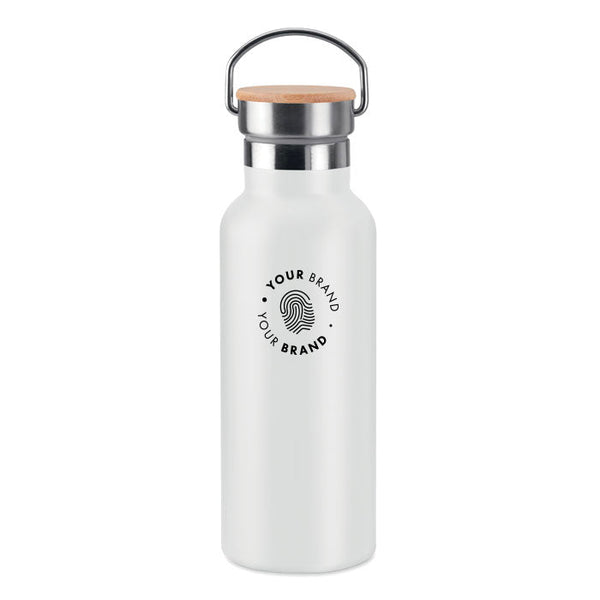 White branded water bottle with bamboo lid