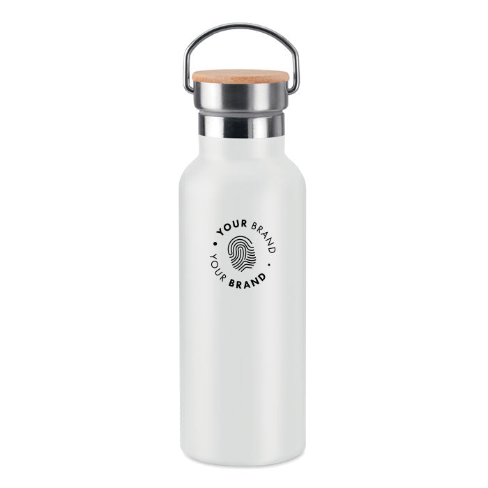 White branded water bottle with bamboo lid