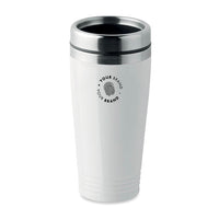 Custom branded white insulated travel tumbler with company logo mockup
