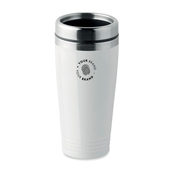 Custom branded white insulated travel tumbler with company logo mockup
