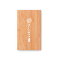 Custom branded eco bamboo portable power bank with company logo on front
