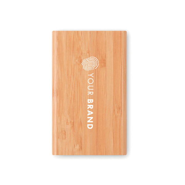 Custom branded eco bamboo portable power bank with company logo on front
