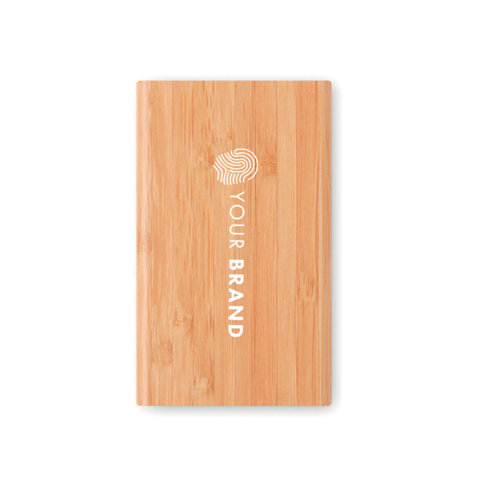 Custom branded eco bamboo portable power bank with company logo on front
