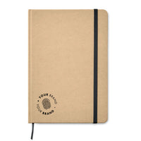 Custom branded kraft hardcover notebook with black elastic closure and company logo on cover
