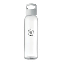 Clear glass branded water bottle