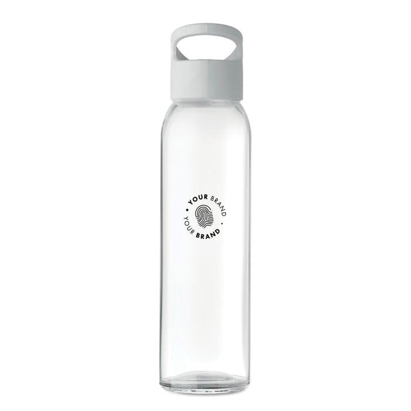 Clear glass branded water bottle
