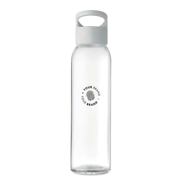 Clear glass branded water bottle