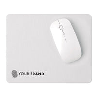 Custom branded light grey fabric mouse pad with company logo
