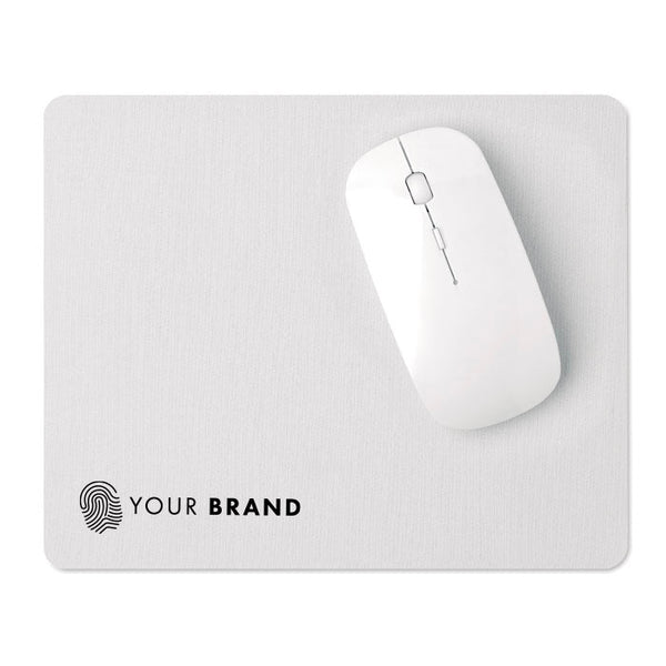 Custom branded light grey fabric mouse pad with company logo
