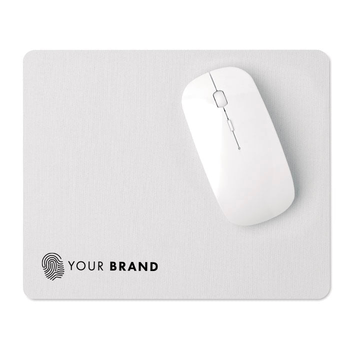 Custom branded light grey fabric mouse pad with company logo

