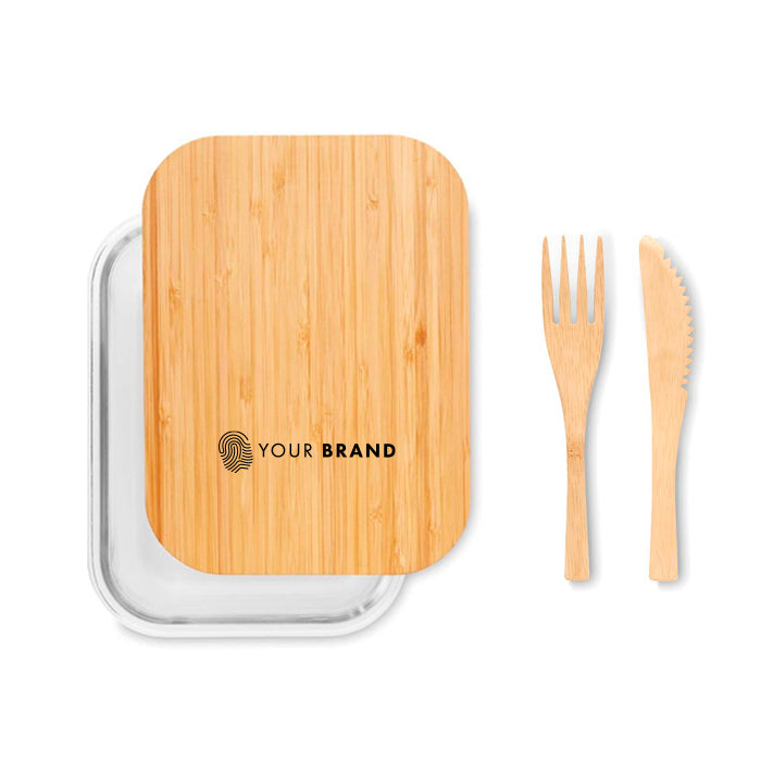 Custom branded eco bamboo lunch box with stainless steel tray and bamboo utensils with company logo
